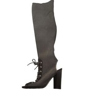 GUESS Sock Boots Womens Size 7.5 Black Over The Knee Lace Up Peep Toe Block Heel